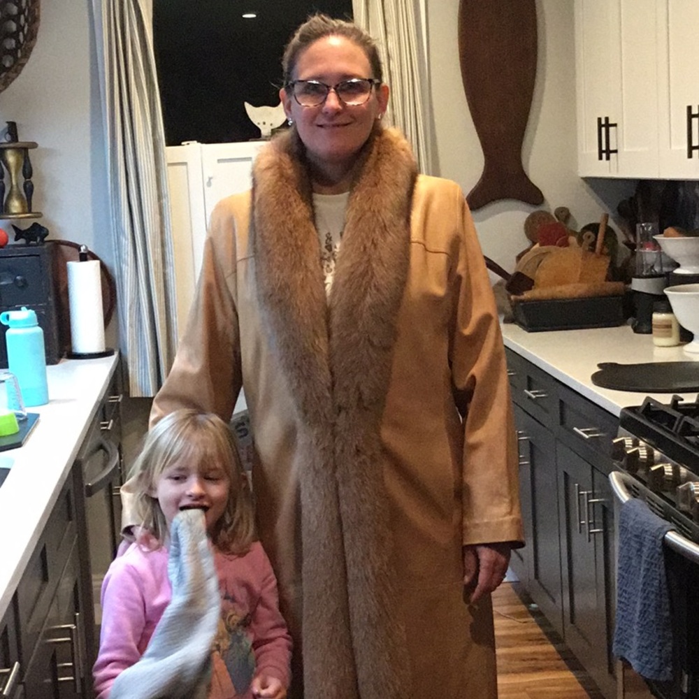 Gorgeous full length supple leather coat with fox trim
